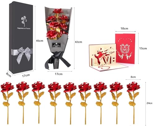 FonteeUS 9Pcs Gold Rose Flower Bouquet, Gold Foil Artificial Rose Bouquet with Gift Box, Romantic Present for Her on Valen...