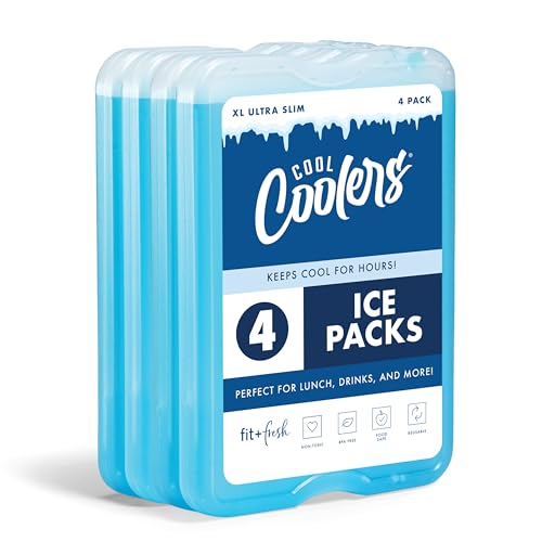 Cool Coolers by Fit & Fresh 4 Pack XL Slim Ice Packs, Quick Freeze Space Saving Reusable Ice Packs for Lunch Boxes or Cool...