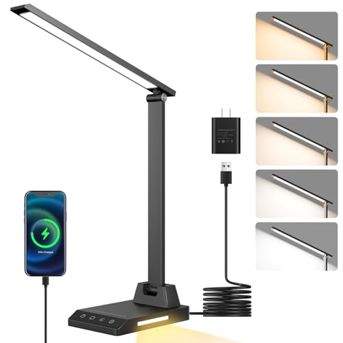 ShineTech LED Desk Lamp with USB-C Charging Port, Dimmable Desk Lamp for Home Office, Eye-Caring Reading Lamp with 25 Ligh...