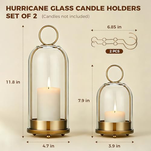 Havmorph 5"&4" Hurricane Glass Candle Holders, Hanging Brass Metal Candle Holder for Pillar Candles Table Coffee Table Dec...
