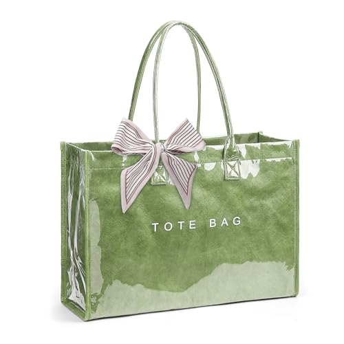 Lushandy PVC Tote Bag for Women, Large Plastic Tote Purse Work Kraft Paper Letter Print Shoulder Bag Carry All Hobo Handbag