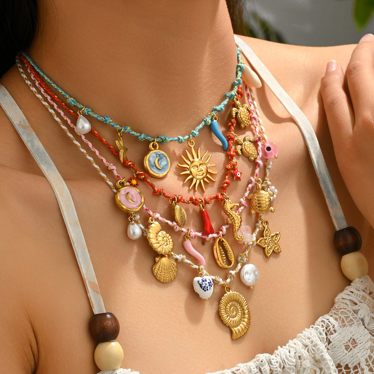Cross-Border  Best-Selling Women's Necklace, Fashionable Conch Shell Oil-Drip Design Woven Clavicle Chain Versatile Neck Accessory