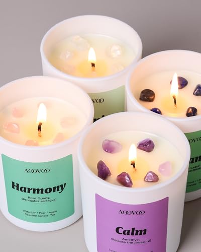 AOOVOO Calm Candles Set for Women - 4 Pack Candles for Home Scented, 28 oz 200 Hour Burn, Aromatherapy Candle with Crystal...