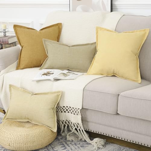 MADIZZ Pack of 2 Faux Rustic Linen Throw Pillow Covers with Flange Edge Soft Boho Natural Decorative Pillowcases for Sofa ...