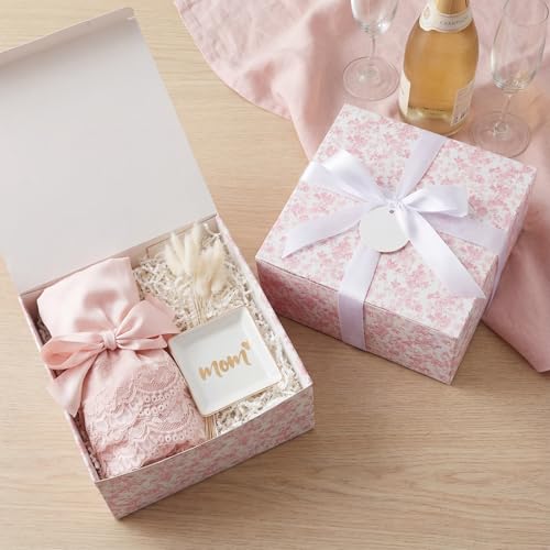 Faccito Pink 8 Pack Floral bridesmaid proposal Gift Boxes 8 x 8 x 4 Inch Flower Paper Boxes with Ribbon Label Card for Wed...