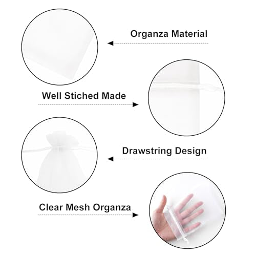 G2PLUS 100PCS White Organza Bags, 4x6 in Sheer Mesh Drawstring Gift Bags, Jewelry Pouches Candy Bag for Wedding Favors, Ch...
