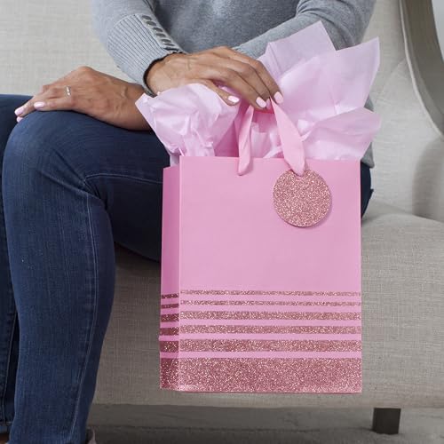 Hallmark 9" Medium Gift Bag with Tissue Paper (Pink Glitter Stripes) for Valentines Day, Birthdays, Baby Showers, Bridal S...