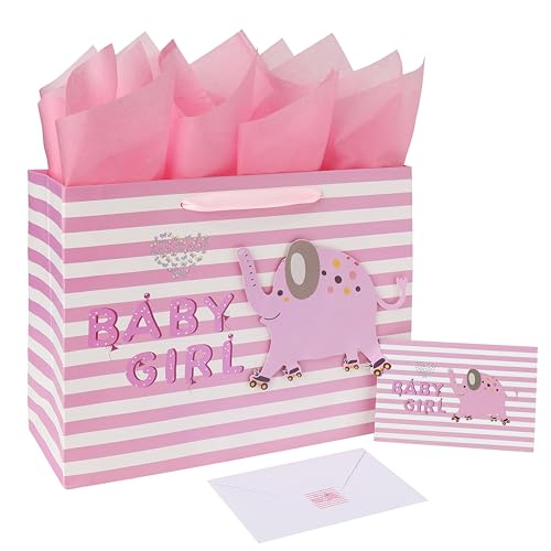 wishinside 13" Large Pink Gift Bag Set with Greeting Card and Tissue Paper(3D elephant) for Baby Girl,Baby Shower,Kids Bir...