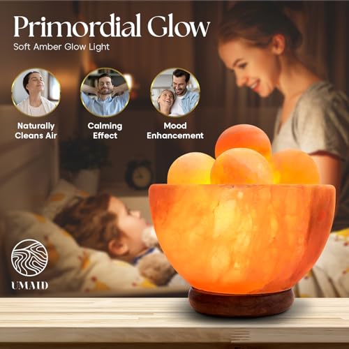 UMAID Himalayan Salt Lamp Bowl with 6 Massage Balls – Dimmable Natural Pink Rock Salt Lamp for Relaxation, Meditation,Yog...