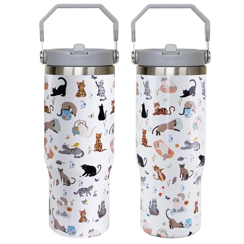 30oz Cat Tumbler with Handle and Straw, Reusable Stainless Steel Insulated Leak Proof Travel Coffee Mug, Cat Gifts for Women