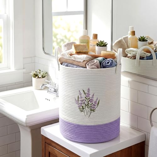 Honeydak Purple Lavender Cotton Rope Laundry Basket Hamper Large Floral Embroidery Tall Basket with Handle Foldable Round ...