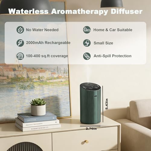 Waterless Essential Oil Diffuser with 4 Timer (1/3/6H & Off) & 3 Mist(L/M/H), Air Scent Diffuser for Home Car Office, Rech...