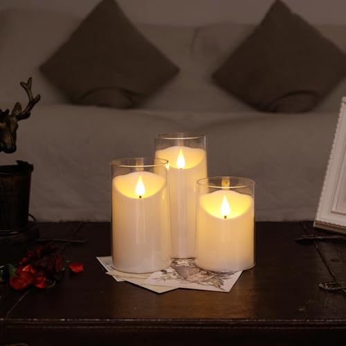 NURADA Flameless Candles with Remote Timer: 3D Wick Battery Operated Led Pillar Unbreakable Acrylic Fake Candle Set for Ho...