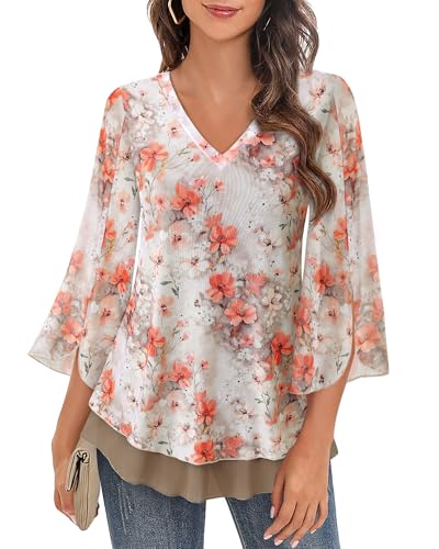Timeson Women's 3/4 Sleeve Floral Blouses Shirts Double Layers V Neck Dressy Tunics Tops