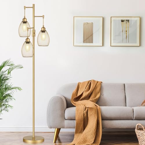 Dimmable Floor Lamp, Industrial Floor Lamps for Living Room, Gold Tree Lamp Standing Lamp Tall Lamps with 3 Elegant Teardr...