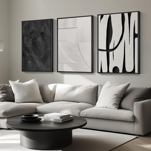 Large Framed Black and White Abstract Wall Art for Living Room, 3 Piece Big Modern Canvas Prints Paintings Artwork for Wal...