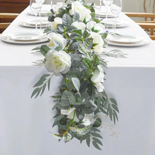 Bacucine Flower Garland Rose Vine 4Pcs 28FT Artificial Floral Garland with Green Leaves Hanging Rose Vine for Wedding Part...