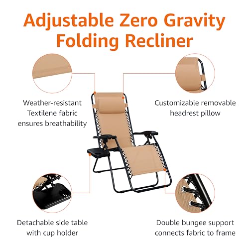 Amazon Basics Outdoor Textilene Adjustable Zero Gravity Folding Reclining Lounge Chair Set with Cup Holder, Side Table, He...