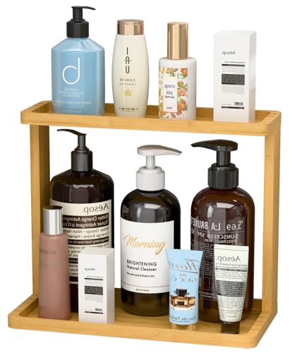PEKER Bamboo Bathroom Organizer Countertop – Small Vanity Storage Shelf for Makeup, Perfume, Skincare – Natural Cosmetics ...