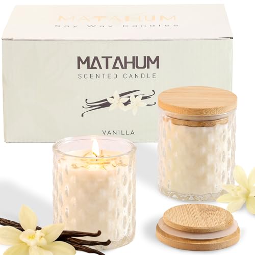 MATAHUM 2 Pack Vanilla Scented Candles for Home Decor, 6.5oz Natural Soy Wax Aromatherapy Jar Candles, Vanilla Candle for ...
