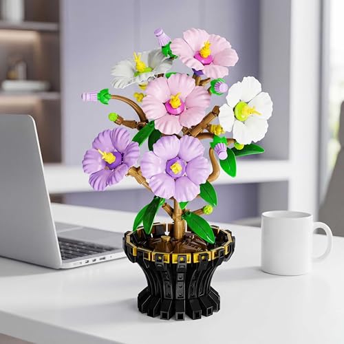 YINGYIWH Hibiscus Flower Building Set for Adults, 520 Pcs Artificial Flower Bouquet Kit, Creative Home Decor Building Bloc...