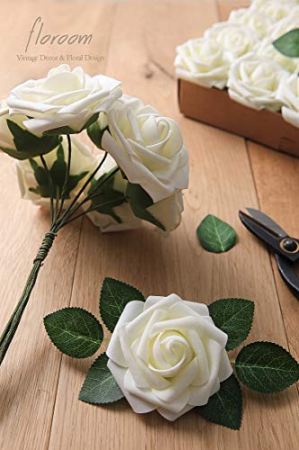 Floroom Artificial Flowers 50pcs Real Looking Ivory Foam Fake Roses with Stems for DIY Wedding Bouquets White Baby Shower ...
