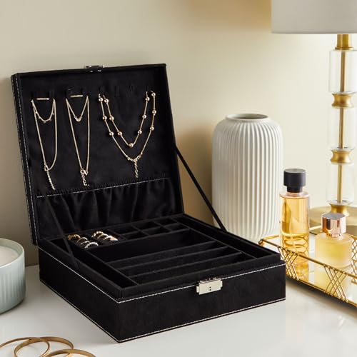 Juvale Jewelry Box for Men - 10.5 x 10.5 x 3.5 in, Black Velvet - Locking 2-Layer Travel Jewelry Organizer & Earring Holde...