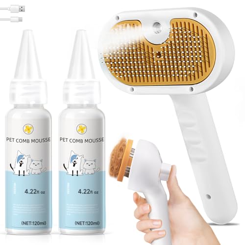 Pet Steam Brush for Dog & Cat – 3-in-1 Spray Hair Removal Comb for Shedding & Grooming, Softens Fur & Reduces Static – Wat...