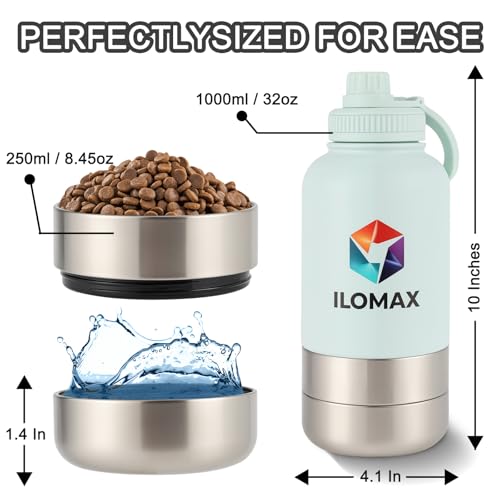 ILOMAX 3-in-1 Stainless Steel Dog Travel Water Bottle with Food & Water Bowls, Leak-Proof & Insulated, Extra Magnetic Lid,...
