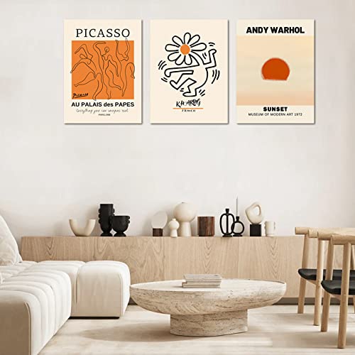 Abstract Wall Art Prints Set of 3, Framed Canvas Wall Art Geometric Line Sunset Artwork Paintings, Minimalist Wall Art for...