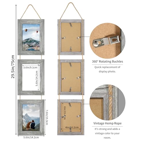 ccdcc 4x6 Collage Picture Frames Set of 2, Rustic Gray Wooden Real Glass Vertical Hanging 3 Opening 4 by 6 Photo Frame, Grey
