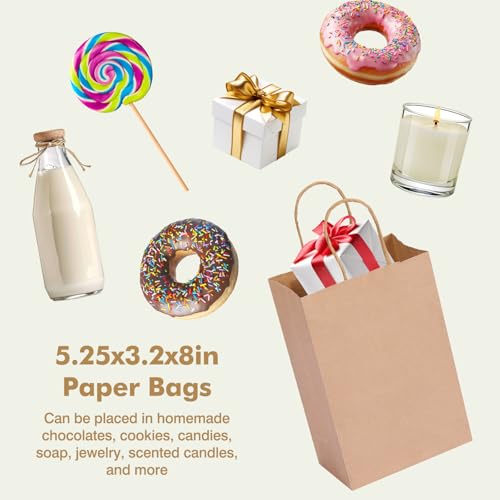 OUTUXED 60pcs 5.25x3.2x8in Small Gift Bags, Brown Paper Bags with Handles Bulk for Gift, Shopping, Birthday, Wedding, Busi...