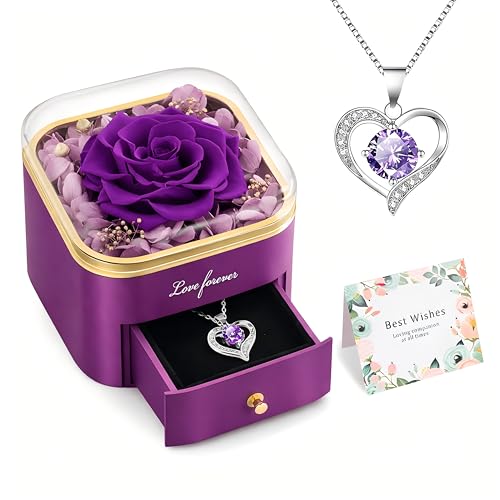 Beferr Birthday Gifts for Women Preserved Real Rose with Necklace Eternal Purple Roses Forever Flowers for Delivery Annive...
