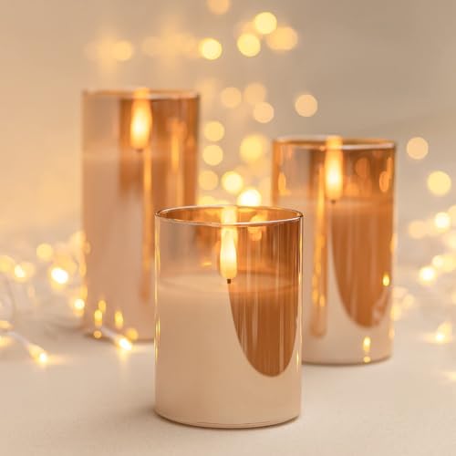 ANGELLOONG Gold Candles for Bathroom Decor, Glass Flameless Candles with Remote, Battery Operated LED Pillar Fake Candles ...