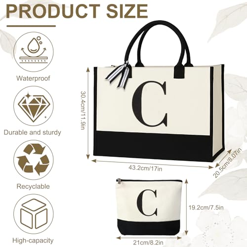 GENGBIN Personalized Canvas Tote Bag for Women Makeup Pouch Initial Beach Bag Removable Bottom Board for Travel Birthday