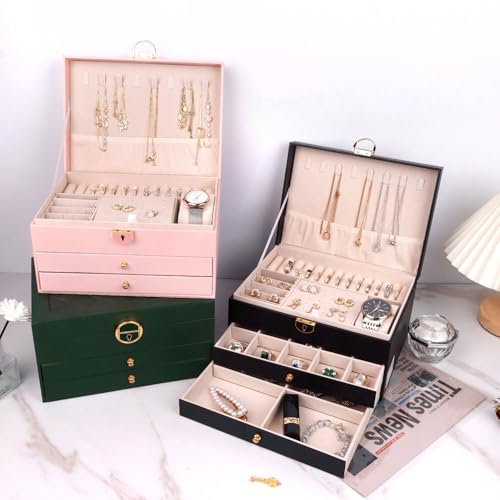 RQQM Jewelry Organizer Box PU Leather Double-Layer Pull-Out Drawer & Multiple Compartments - Premium Jewelry Storage for N...