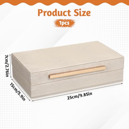 AOZUO Ivory Shagreen Decorative Box Faux Leather Keepsake Case Memory Storage Boxes with Gold Metal Handle Home Jewelry Or...