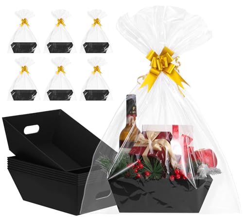 AFOROEOA 10PACK Black Baskets For Gifts Empty, 10x12”Thick Kraft Gift Basket with 10 Bows 10 Bags Empty Gift Baskets for C...