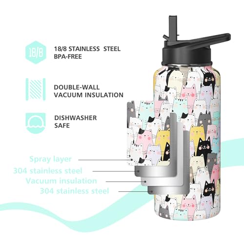 Sabobo Cat Gifts 32oz Water Bottles for Women Men, Cute Cats Stainless Steel Leak Proof Sport & Gym Water Bottle with Flip...