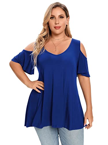 LARACE Plus Size Tunic Tops For Women V neck Short Sleeve T-shirt Cold Shoulder Loose Summer Tops Blouse