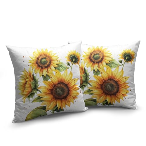 Kwlegh Sunflower Pillow Covers 18x18 Set of 2 Summer Throw Pillow Covers Yellow Flower Outdoor Pillow Case Square Cotton L...