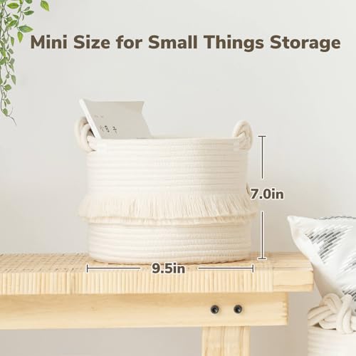 CherryNow Small Woven Storage Baskets, 9.5'' x 7'' inches Cotton Rope Decorative Hamper for Diaper, Blankets, Magazine and...