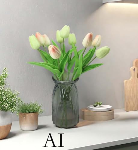 ALIERSA Artificial Flowers 10 Heads Mini Real Touch Artificial Tulip for Home Wedding Party Centerpiece Decoration (Champa...
