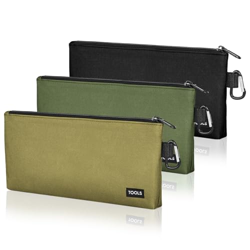 3 Pack Premium Tool Pouches Zipper Bag, Small Tools Bags with Carabiner, Heavy Duty Flat Bottom Utility Multipurpose Stora...