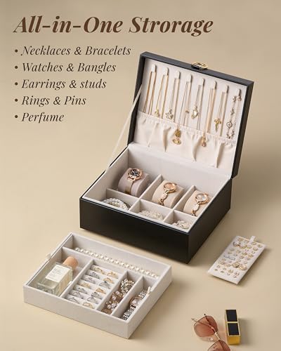 pickpiff 2 Layer Jewelry Box Organizer for Women, Jewelry Organizer with Handle & Removable Tray, Necklace Holder Ring Ear...