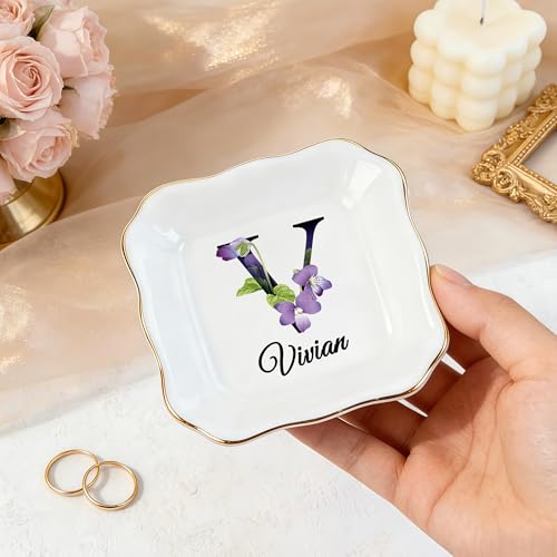 KeenlyMade Custom Ceramic Ring Dish, Personalized Jewelry Tray with Initial, Earrings Necklaces Bracelet Watch Keys Trinke...