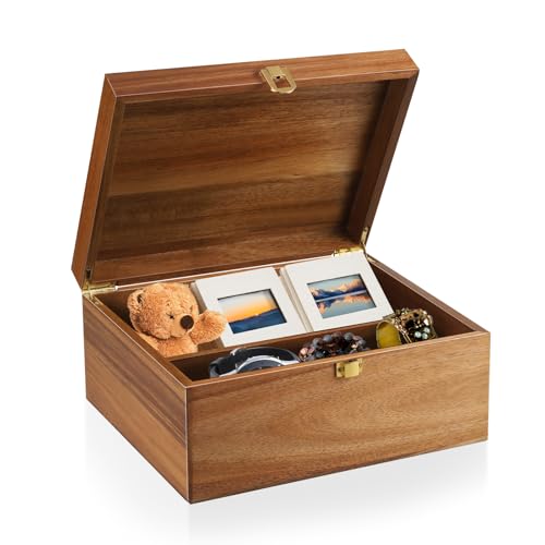 BOTOP Wooden Keepsake Box, Large Acacia Decorative Storage Boxes with a Hinged Lid, Memory Treasure Box with Dividers for ...