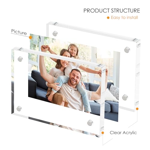 Fisnish 4x6 Acrylic Picture Frame Set of 6, 20mm Thick, Double-Sided Transparent Magnetic Frameless Photo Frame, Desktop F...