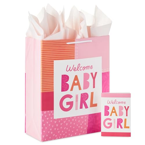 Hallmark 15" Extra Large Gift Bag with Card and Tissue Paper for Baby Shower (Welcome Baby Girl, Pink and Orange) for New ...