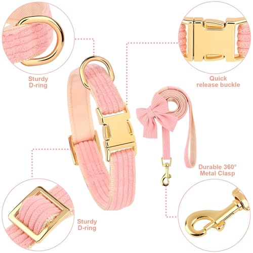 Dog Collar and Leash Set with Bowtie, Soft & Cute Puppy Collar, Cotton Puppy Collar with Adjustable Metal Buckle for Smal...